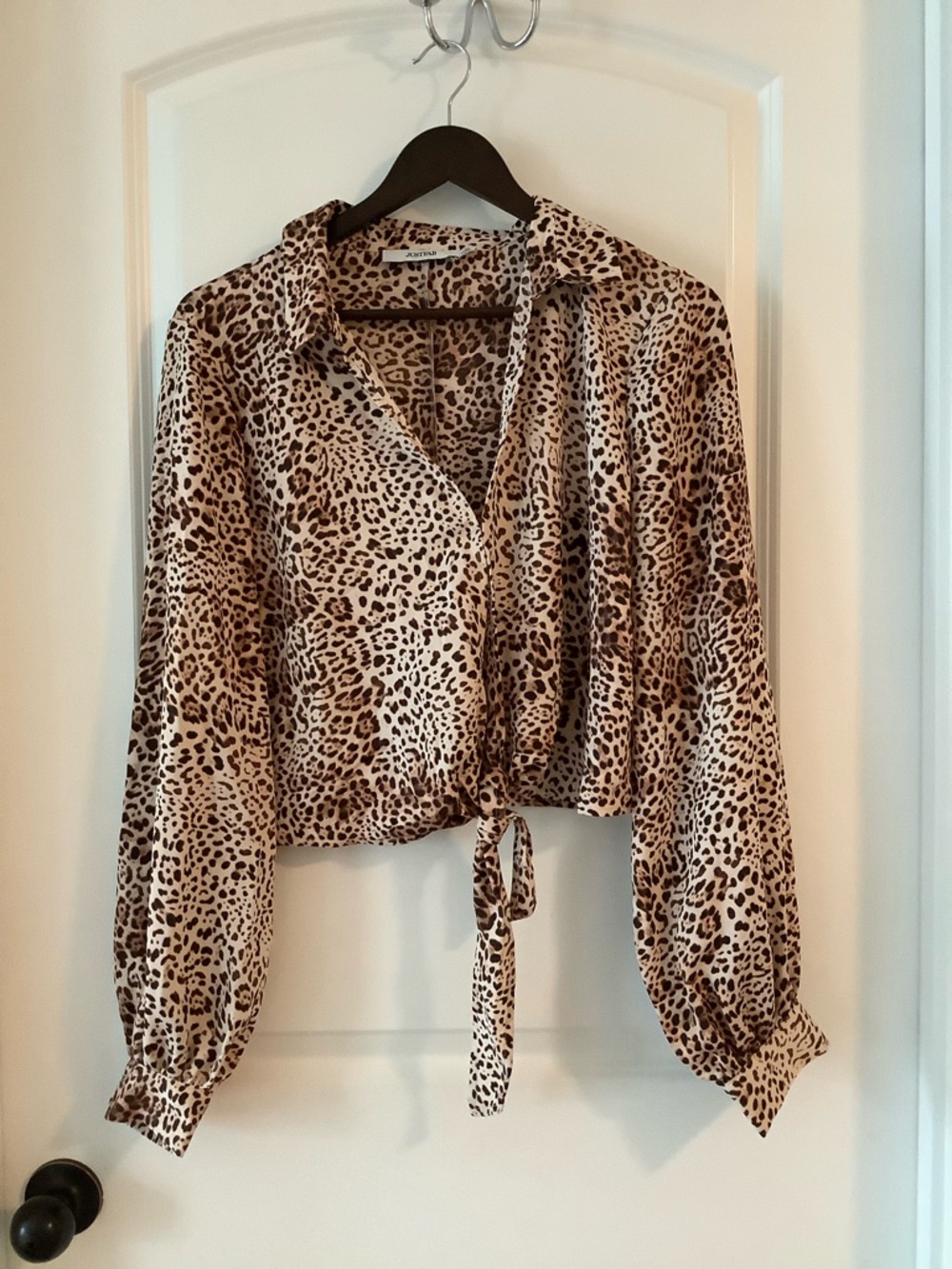 JustFab Beige and Brown Leopard Tie-Front Blouse